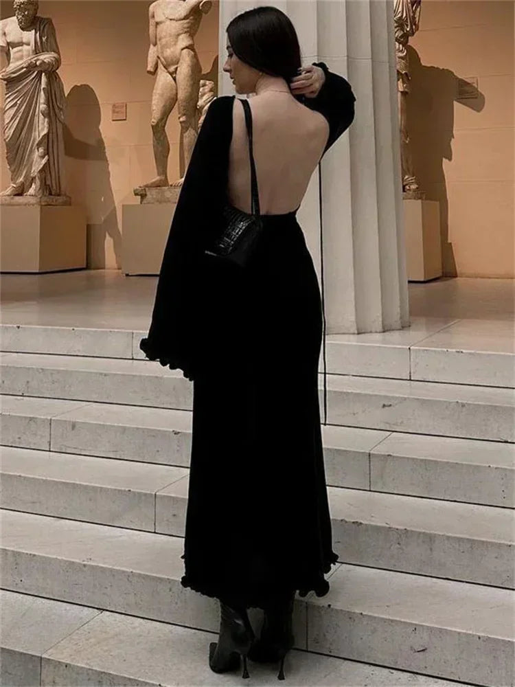 TARUXY Knitted Backless Long Dress For Women Ruffled Lace Up High Waist Maxi Dresses Femme Party Elegant Bandage Fashion Dress voguable