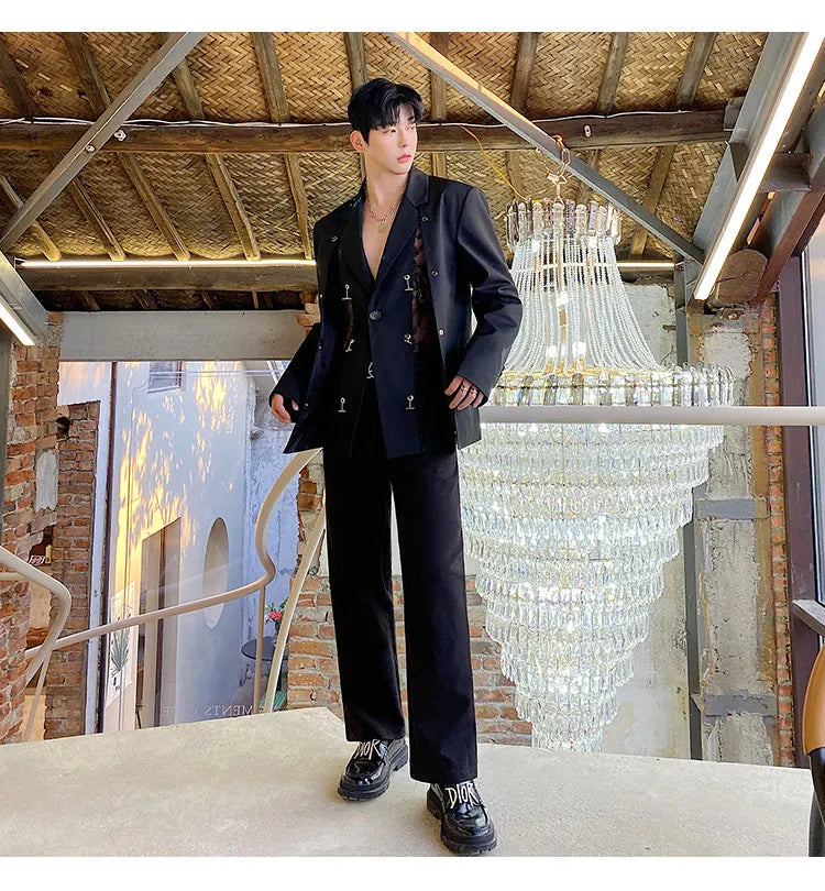 Voguable 2024 Spring Niche Designer Splicing Lace Blazer Outerwear Men's High Street Elegant Original Fashion Suit Jacket voguable