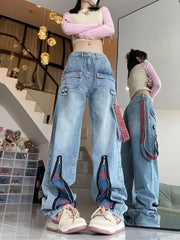 Korean fashion casual star print tooling jeans women's Baggy American stitching contrast color loose straight wide-leg pants ins voguable