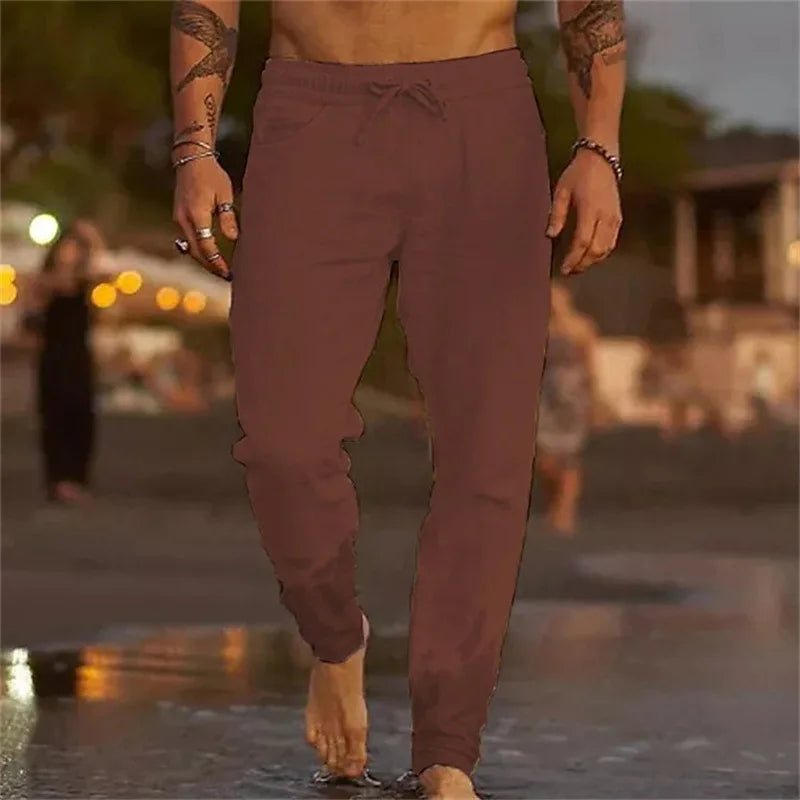 Voguable  European and American Cross-border New Men's Solid Color Drawstring Linen Loose Casual Pants voguable