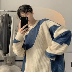 Autumn O-Neck Knit Sweater for Men Cow Patchwork Pullover Men Loose Casual Harajuku Korean Fashion Mens Oversized Sweater voguable