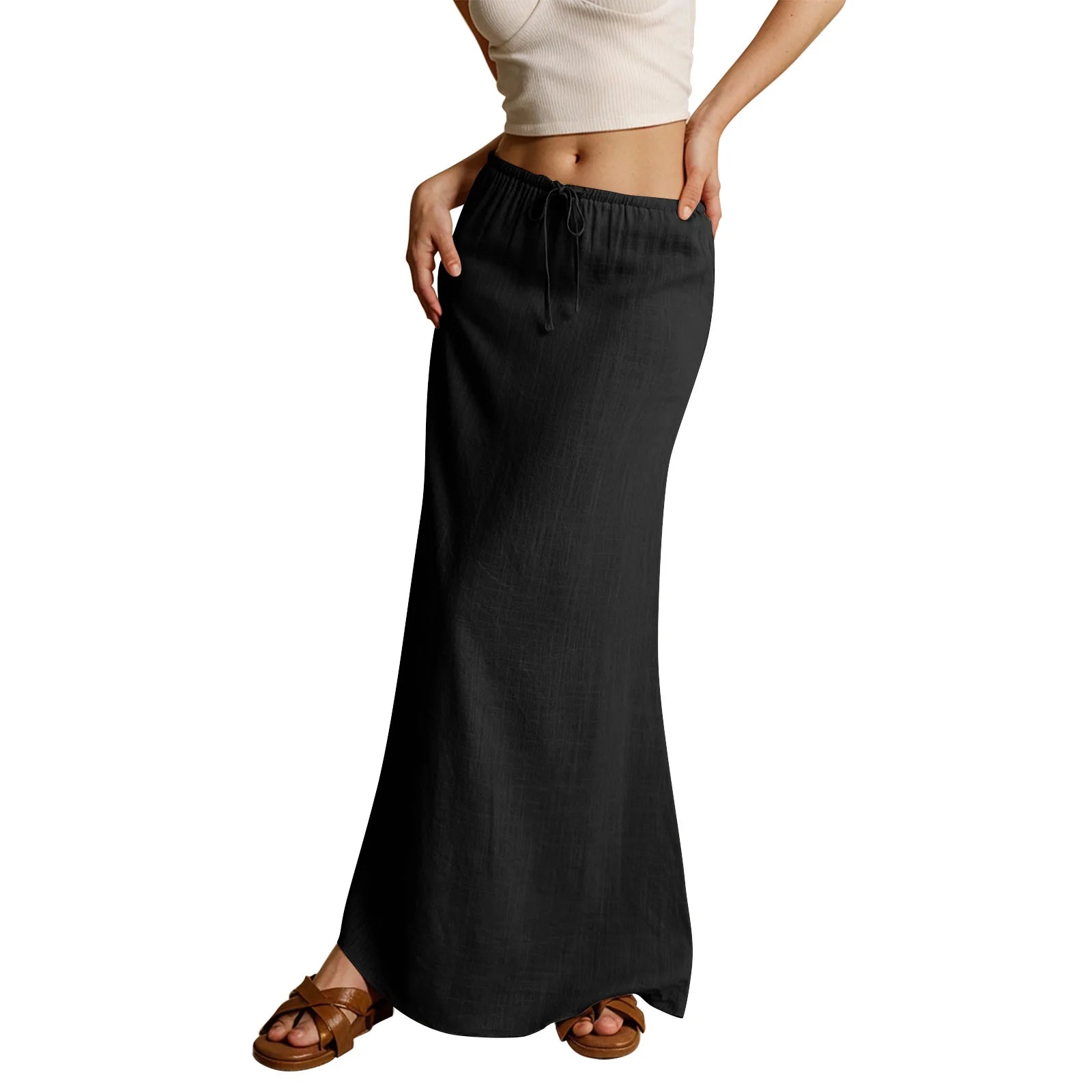 Voguable  Solid Color Straight Drawstring Elastic Waist Casual Ladies Skirt Summer Simple New Versatile Loose Long Skirt for Women voguable