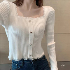 Square Neck Sweater for Women Autumn Lace Patchwork Long Sleeve Knit Base Pullover Korean Chic Button Decoration Slim Crop Tops voguable