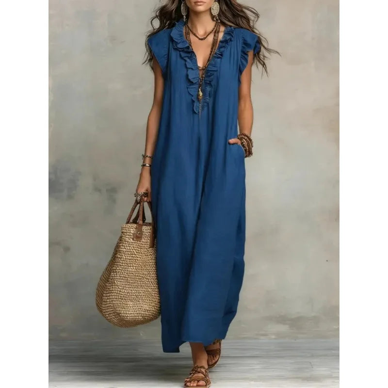 Voguable  New Ruffles V-neck Casual Solid Color Straight Tube Long Dresses Summer Casual Loose Fit Flying Sleeve Pocket Women's Dress voguable