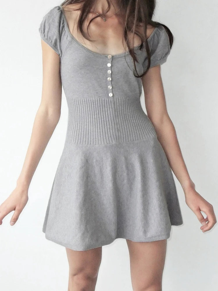 Voguable  American Y2k  Elegant Temperament Square Collar Puff Sleeve Slim Waist  High Waist Summer Dresses voguable
