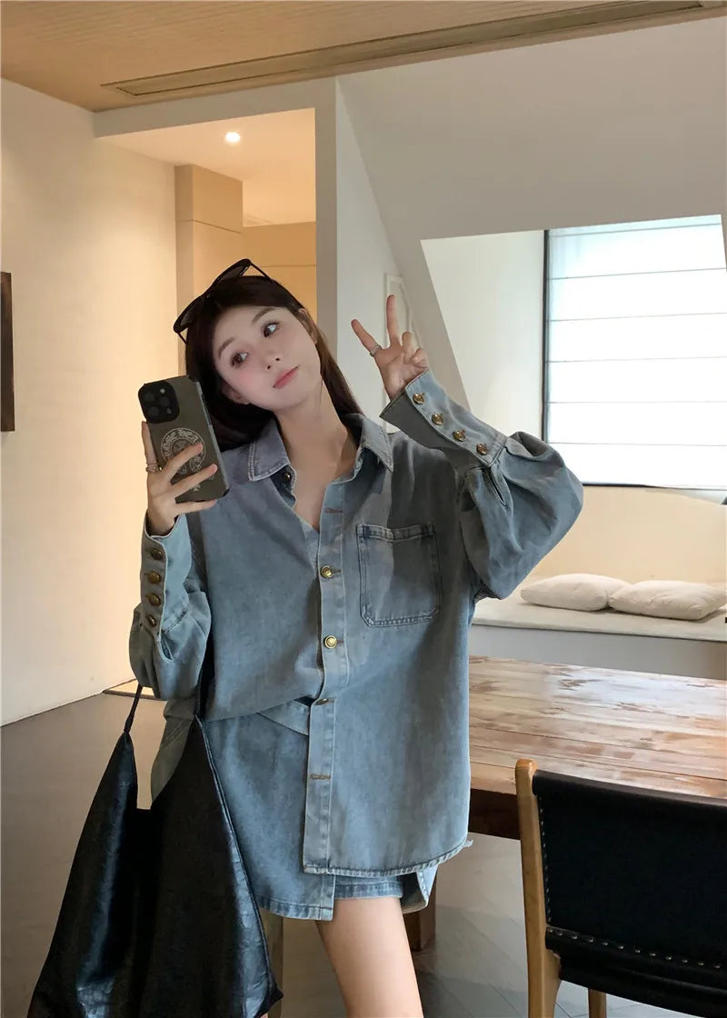 Voguable 2024 Spring New Streetwear Distressed Loose Casual Denim Long-sleeved Shirt Women + Asymmetric Sexy A-line Skirt Two-piece Suit voguable