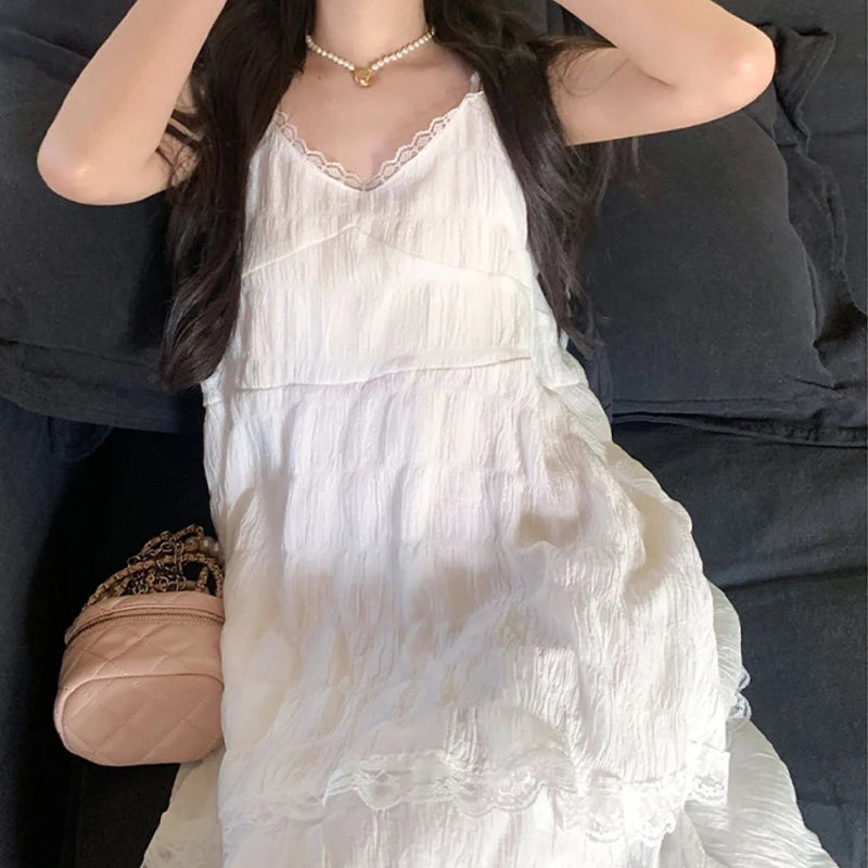 Voguable White Lace-up Midi Dresses Sweet Gentle Ruffle Casual Loose Mesh Backless Sleeveless Vacation Summer Women Long Dresses voguable