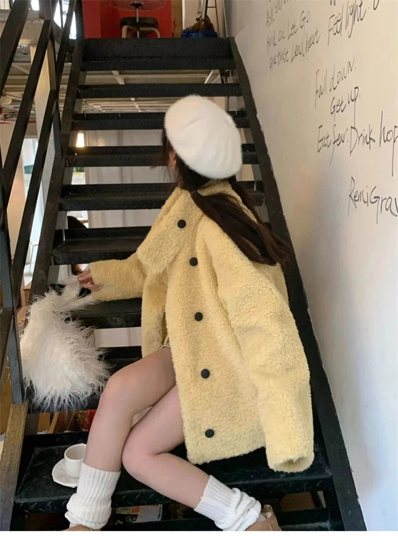 Japan Cute Faux Lamb Coat Women Loose Long Sleeve Winter Warm Retro Jacket Casual Stand Collar Preppy Style Pockets New Top voguable