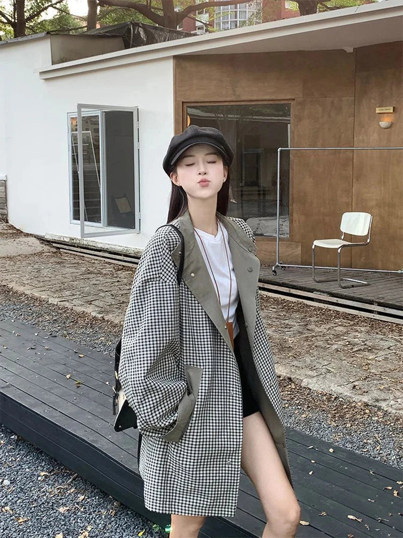 Korean Chic Elegant Jacket Women Loose Design Double Sided Wear Plaid Coat Fall Fashion Long Sleeve Sweet Pockets Outwear voguable