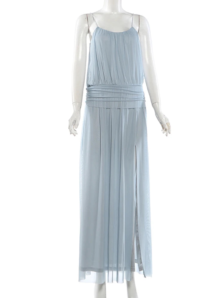 Voguable  Ruched Elegant Sling Dress Woman Low-Neck Backless Sleeveless High Splits Hem Birthday Party Y2K Style Long Bodycon voguable