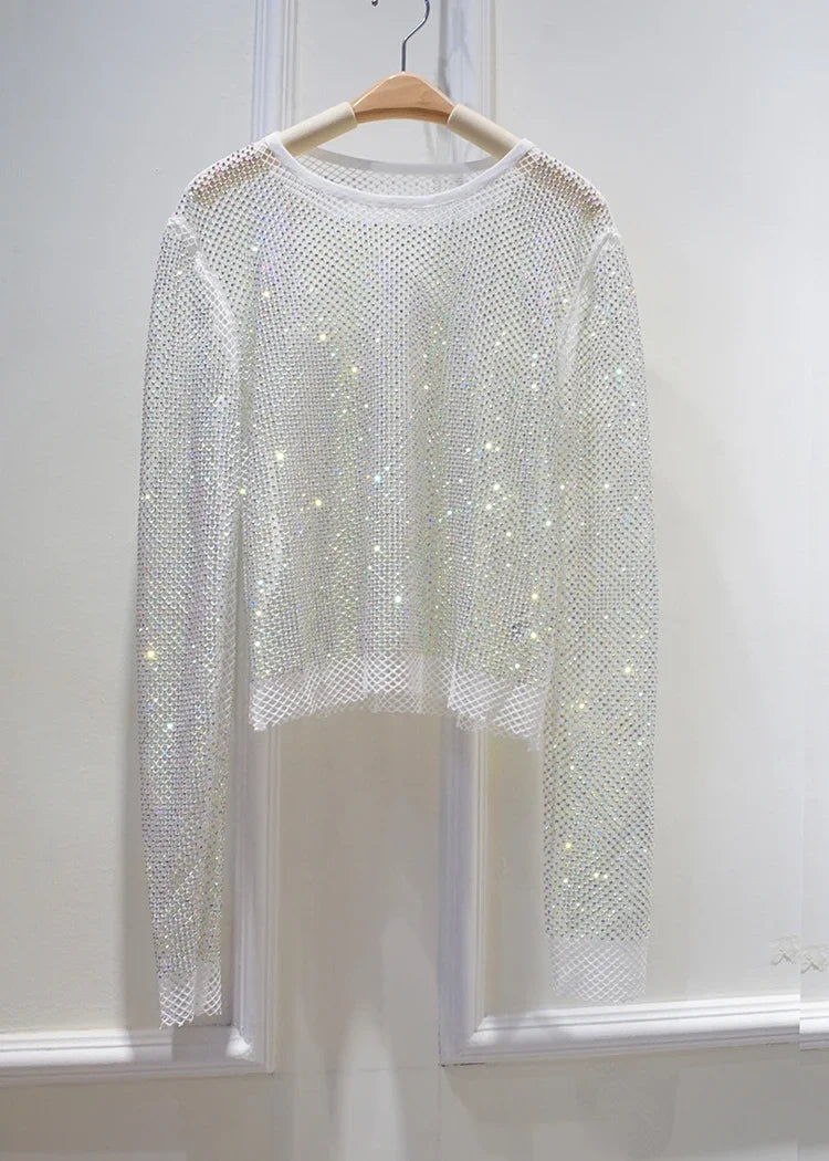 Voguable  Summer New Ladies Temperament Rhinestone Round Neck Long Sleeve Bright Starlight Hollow Shiny Bottoming Shirt Women's Top Trend voguable