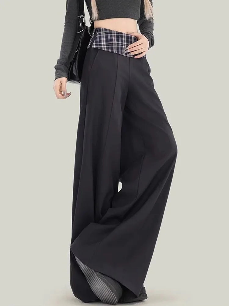 Plaid Patchwork Suit Pant Women Vintage Casual Korean High Waist Trouser Autumn Retro Loose Elegant Black Wide Leg Pant New voguable