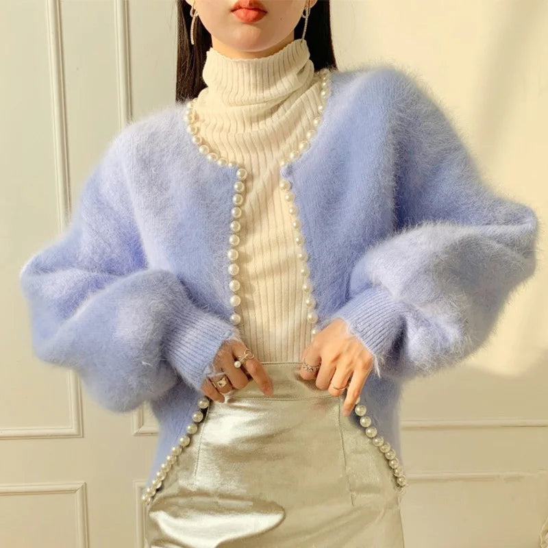 Imitation Mink Soft Women's Cardigan Temperament Pearls Detor Crew Neck Cardigan Woman Autumn Winter Long Sleeve Outwear Lady voguable