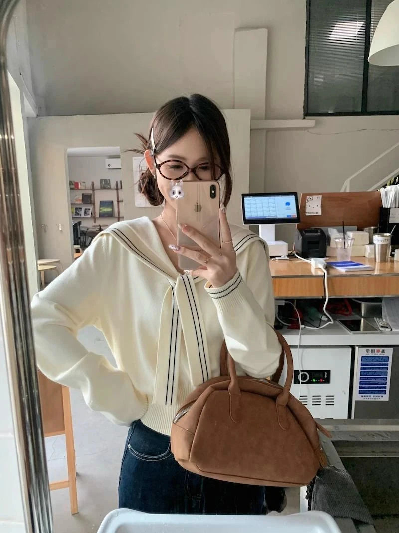 Sweet Sailor Collar Sweaters Women Vintage Preppy Style Fall Knitted Jumpers Casual Long Sleeve Lady Loose Striped Pullover New voguable