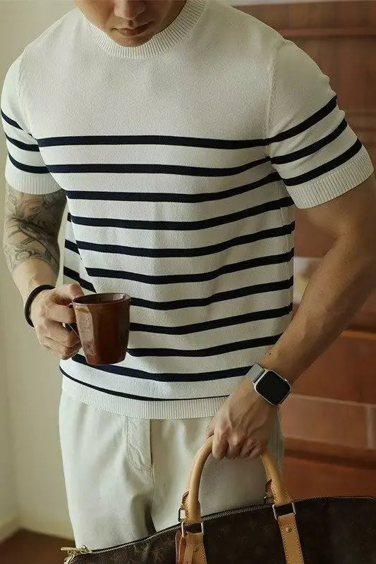 Summer Men's Clothing Light Luxury Knit O Neck Short-sleeved T Shirt Patchwork Korean Leisure Streetwear Retro Knitwear T-Shirt voguable