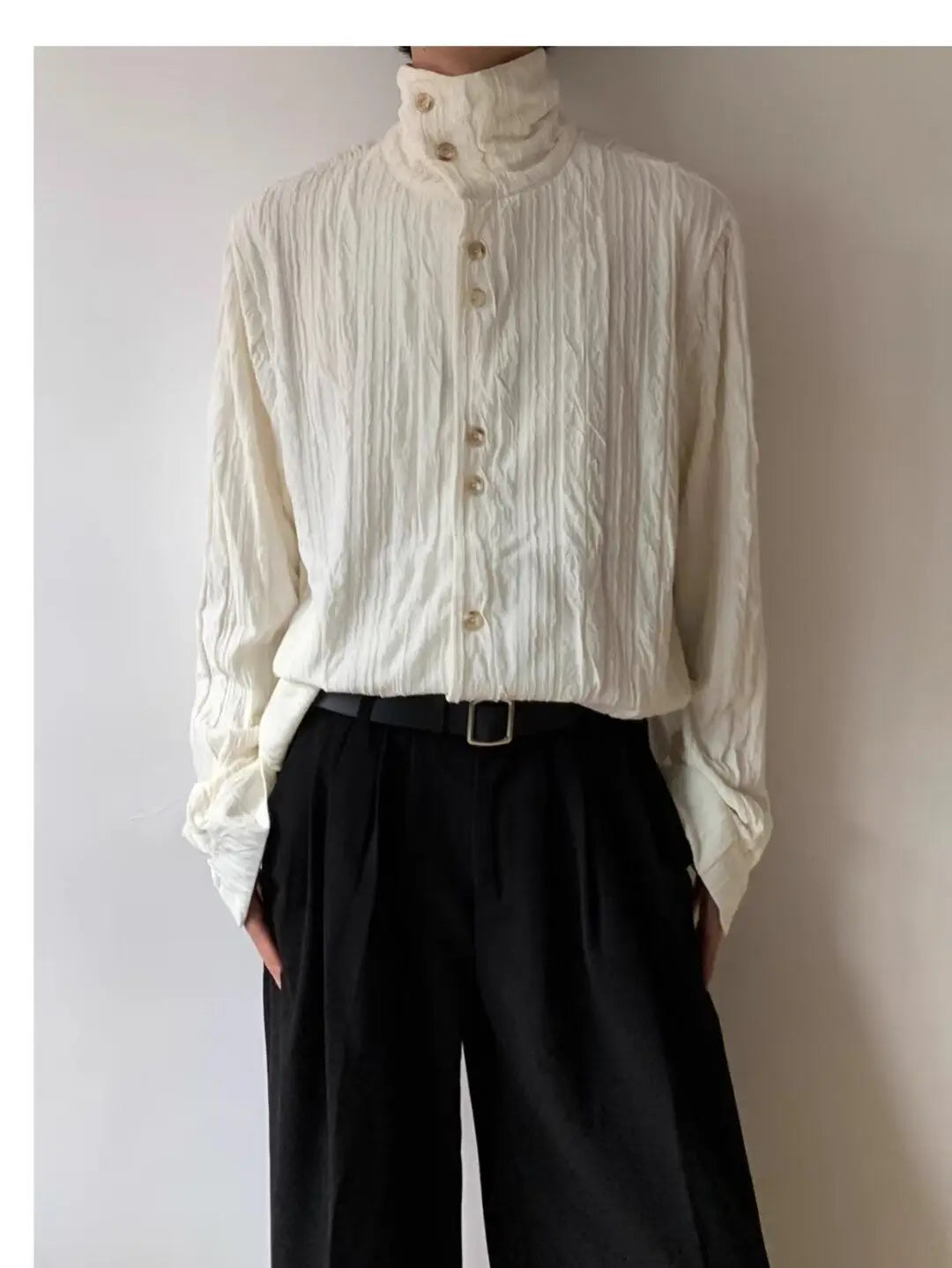 High-end Pleated Texture Shirt Men Draped Loose Casual Top French Retro Long-sleeved Shirt Unisex Vintage Elegant Button Blouse voguable