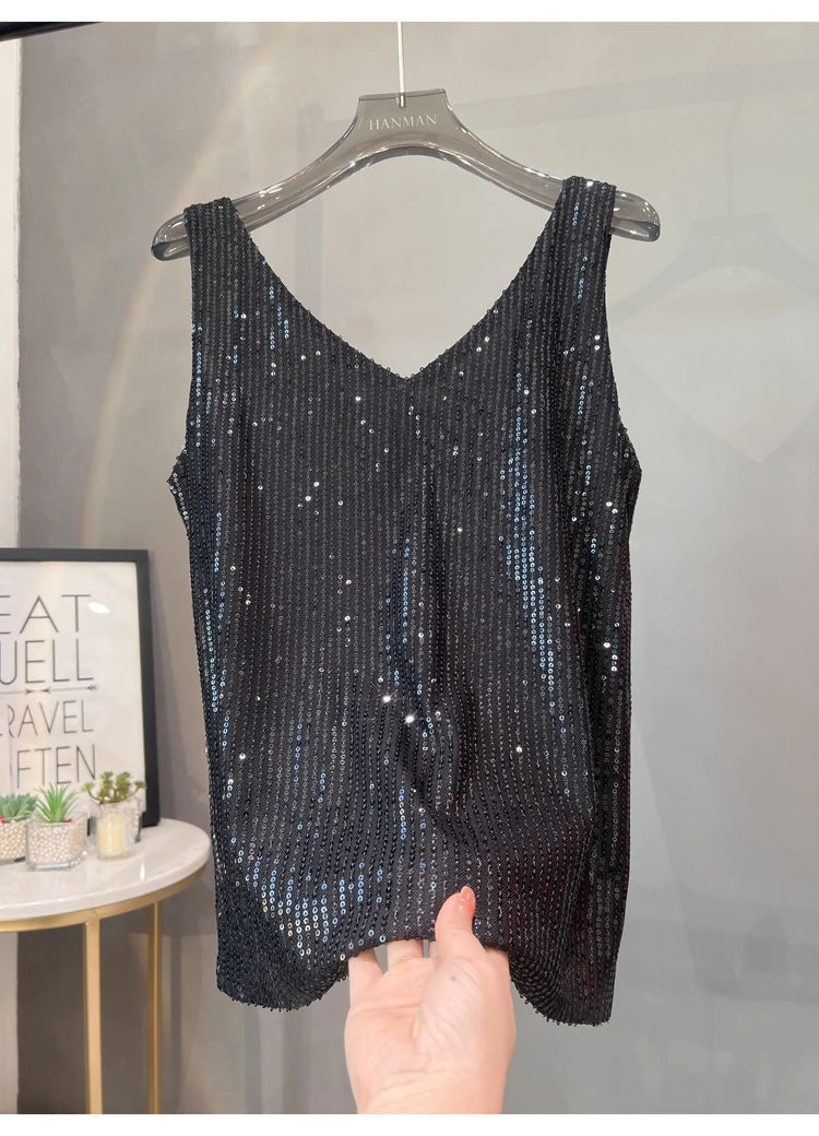 Voguable  New European and American Sequined V-neck Vest Worn Inside A Suit Bottoming Shirt and Worn Outside A Sparkling Top voguable