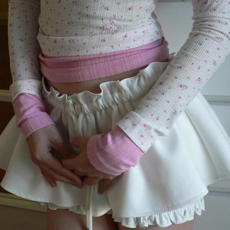 Voguable Japanese Lolita Style A-line Shorts Skirt White Low-waisted Lace-up Tutu Skirts Fairycore Cute Bottoms y2k Kawaii Skirt voguable