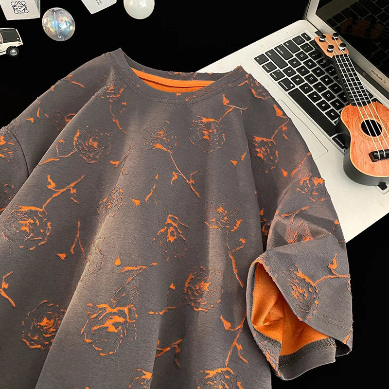Men Loose Fit Cotton T Shirt Round Neck Breathable Rose Flower Print Tee Summer Casual Streetwear Soft Comfortable Trendy 2024 voguable