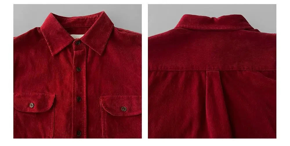 Korean High-end Shirt Temperament Red Corduroy Long-sleeved Shirts Men Women Spring Loose Lazy Trendy Tops Aesthetic Chic Blouse voguable