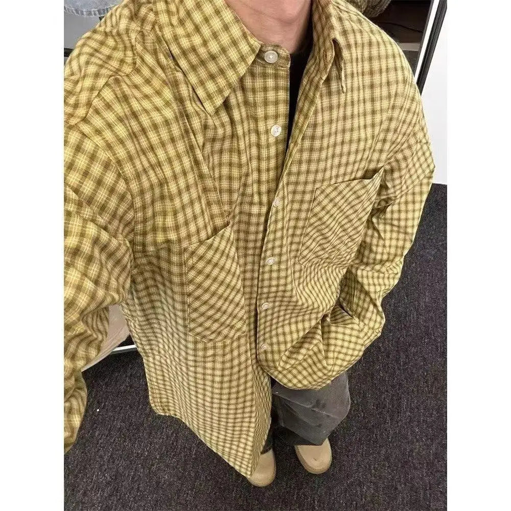 American Retro Yellow Plaid Shirt Men Women Spring and Autumn Korean Casual Loose Sun Protection Thin Couple Fashion Trend Shirt voguable