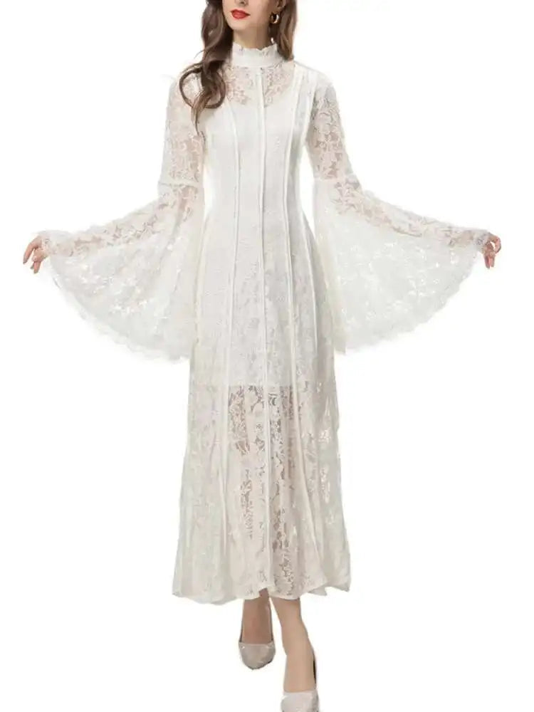 Solid High Quality Evening Dresses For Women Stand Collar High Waist Long Sleeve Thin Elegant Dress Female Clothing voguable