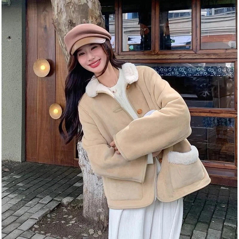 Women Faux Lamb Suede Jacket Winter Warm Long Sleeve Sweet Cotton Coat Korean Pockets Female Thick Vintage Outwear Tops voguable