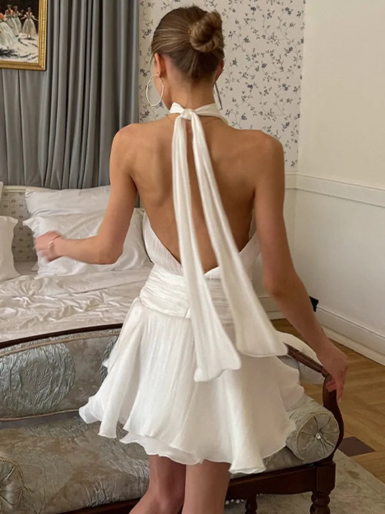 Chiffon Flower Backless Sexy Mini Dress Women White Halter Sleeveless A-line Ruffle Club Party Dress Elegant Fashion voguable