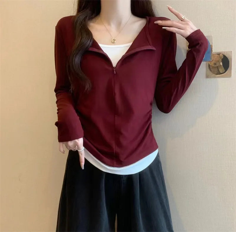 Long Sleeve T Shirt Women Fashion Fake Two Pieces Patchwork Basic Slim Zipper Slimming Bottoming Shirt Retro Red Casual T-shirt voguable