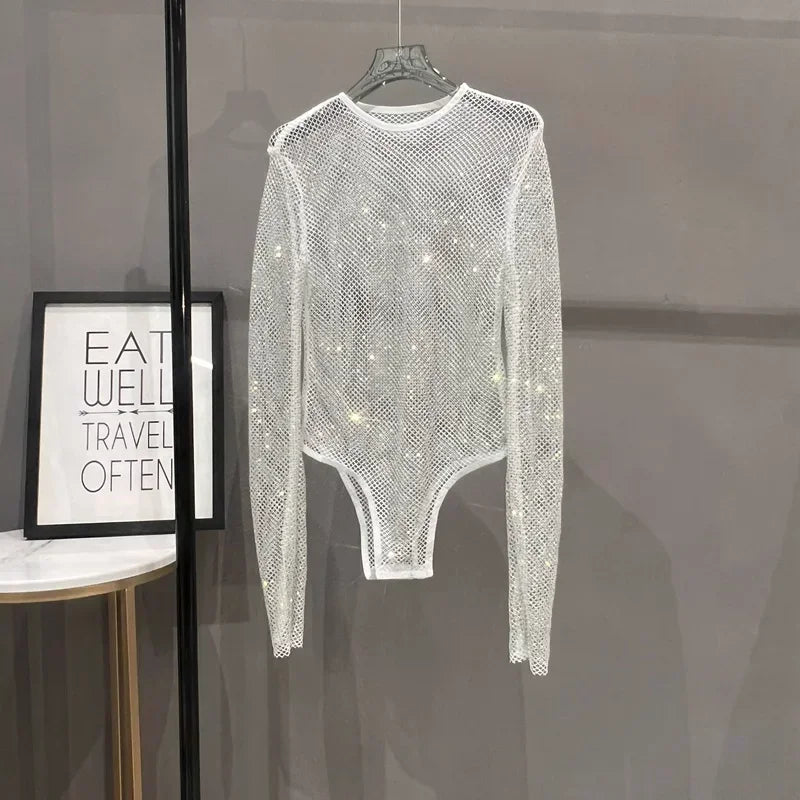 Voguable  Sexy Mesh Hollowed Out Jumpsuit T-shirt Rhinestone Round Neck Tight See-through One-piece Bottoming Shirt Ms voguable