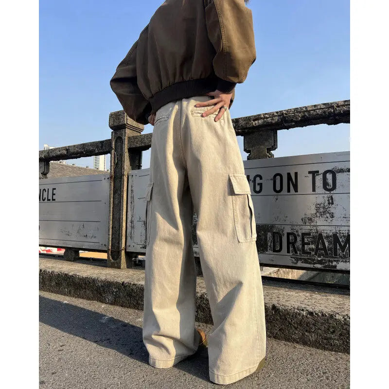 Mens Casual Workwear Cargo Pants Loose Fit Straight Wide Leg Multi Pocket Utility Tactical Outdoor Hiking Durable Heavy Duty voguable