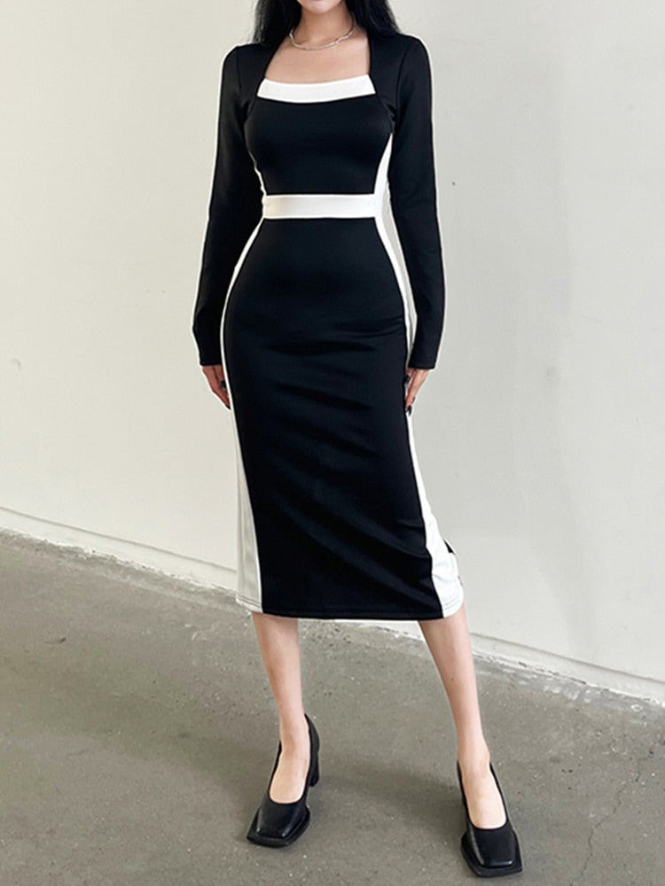 Black Stripe Patchwork Midi-Long-Sleeve Dress mysite