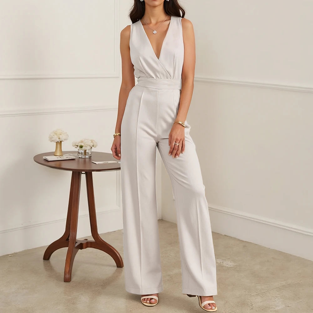 Women's Jumpsuits All Season Fashion Minimalist Plain Nipped Waists Sleeveless V-Neck Straight Office Lady Jumpsuits voguable