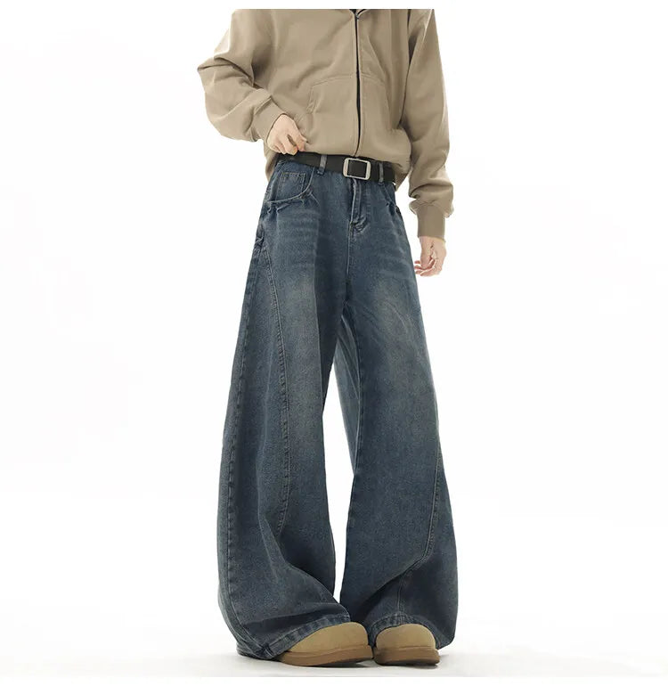 Wide Leg Jeans Men Denim Dark Blue Floor Sweeping Baggy Trousers Street Dance Hip Hop Unisex Urban Fashion Urban Streetwear voguable
