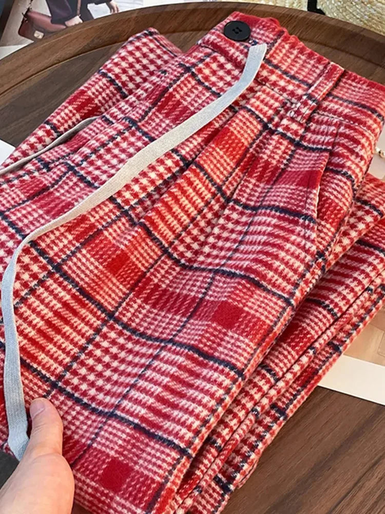 Loose Vintage Plaid Pant Women High Waist Casual American Wide Leg Trousers Fall Winter Retro High Quality Female Sweet Pants voguable