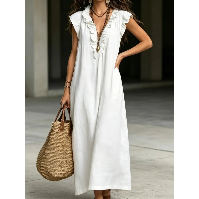 Voguable  New Ruffles V-neck Casual Solid Color Straight Tube Long Dresses Summer Casual Loose Fit Flying Sleeve Pocket Women's Dress voguable