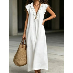 Voguable  New Ruffles V-neck Casual Solid Color Straight Tube Long Dresses Summer Casual Loose Fit Flying Sleeve Pocket Women's Dress voguable