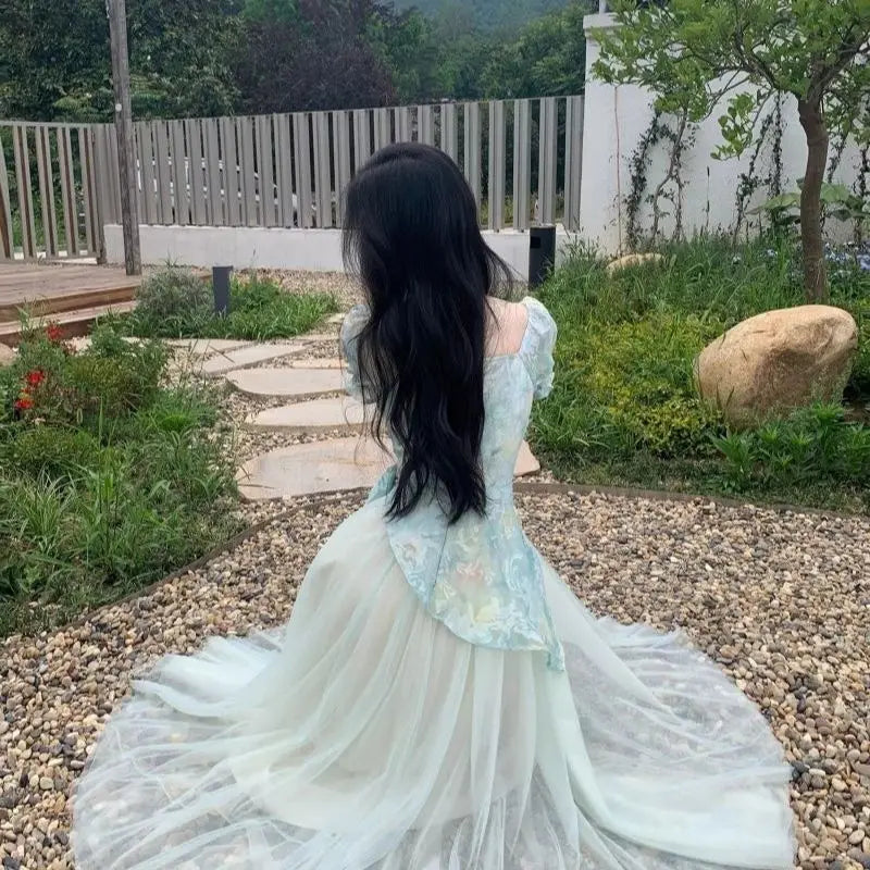 Voguable  Summer New Women's Romantic Fairycore Gradient Tulle Dress Square Neck Puff Sleeve Belted A-line Long Party Prom Dresses voguable