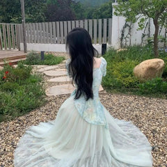 Voguable  Summer New Women's Romantic Fairycore Gradient Tulle Dress Square Neck Puff Sleeve Belted A-line Long Party Prom Dresses voguable
