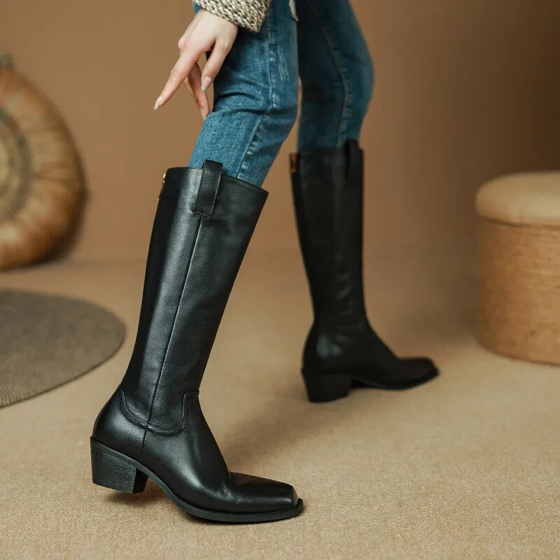 New Fashion Women High Heels Genuine Leather Boots Autumn Winter Long Warm Knight Boots Female Shoes Woman Knee High Boots voguable