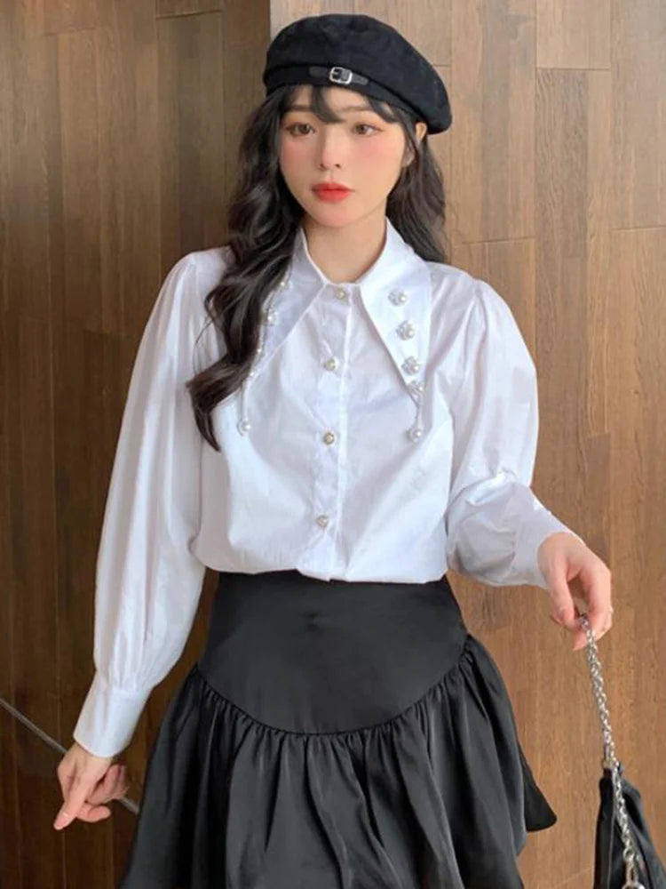 Voguable  Elegant Buttons Sweet White Shirt Women Fashion Long Sleeve Simple Blouse Korean Preppy Style Casual All Match Female Tops voguable