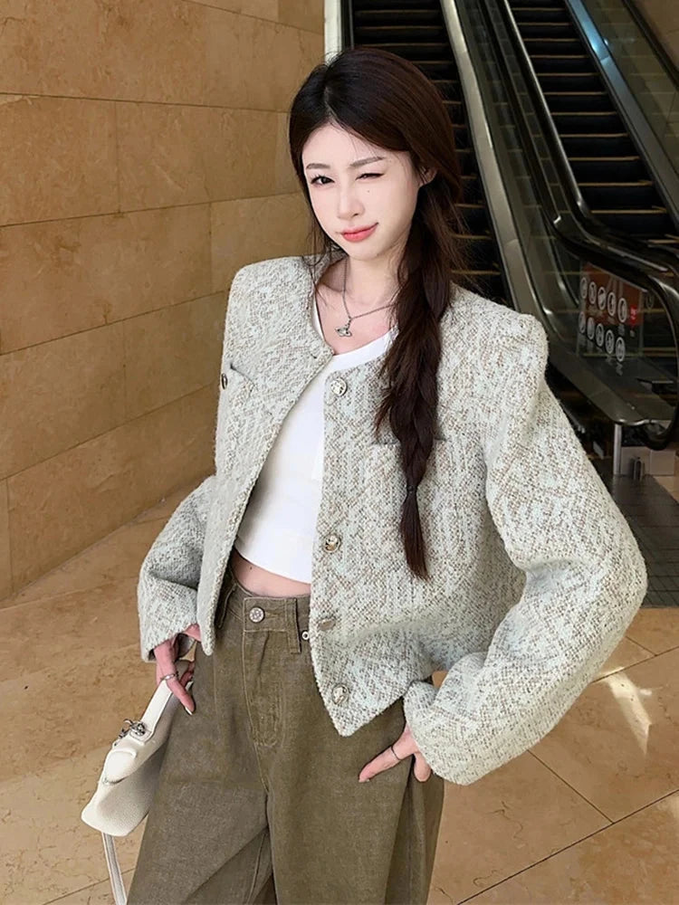 Sweet Women Slim Elegant Jacket Vintage Long Sleeve O Neck Fall Short Coat Korean Small Fragrance Single Breasted Lady Tops voguable
