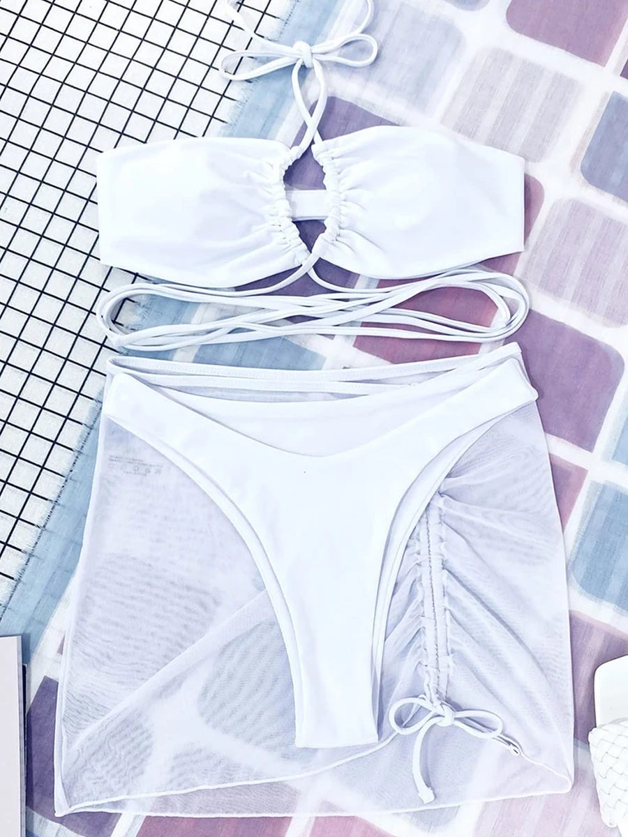 Voguable  3 Pieces Criss Cross Halter Bikini Women & Beach Skirt Swimwear Female Sexy Swimsuit Beachwear Bathing Swimming Suit voguable