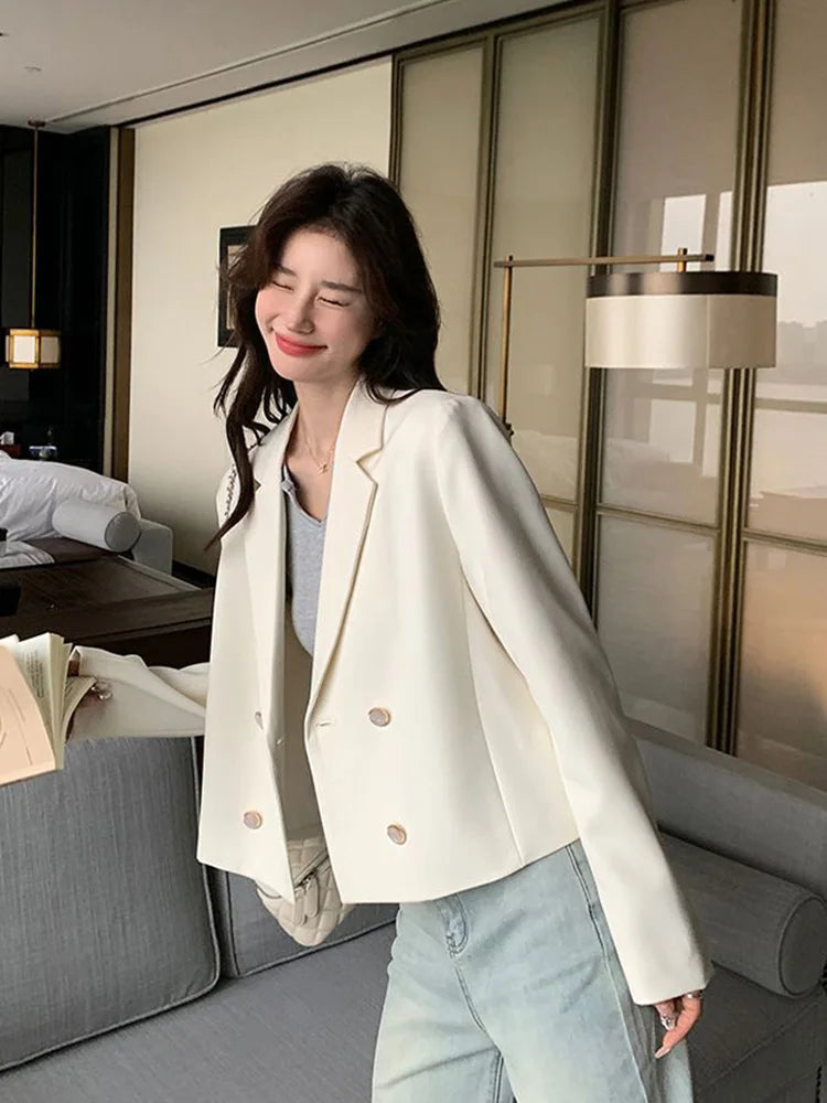 Elegant White Blazer Women Slim Long Sleeve Korean Sweet Suit Coat Casual Fashion Fall Double Breasted Female Chic Short Outwear voguable