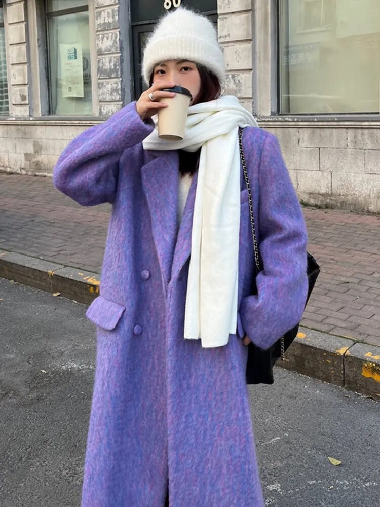 [EAM] Loose Fit Purple Big Size Long Elegant Woolen Coat Parkas New Long Sleeve Women Fashion Tide Autumn Winter 2023 1DF3550 voguable