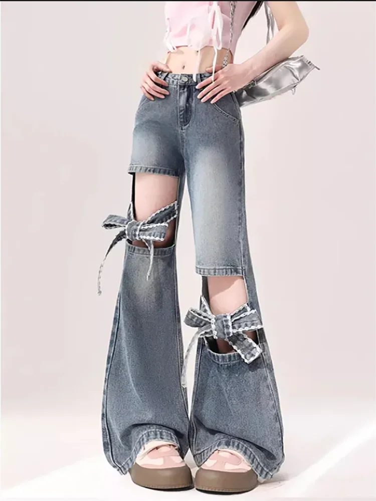 Voguable  High Street Hollow Strap Bow Jeans Women's Spring Summer New High Waist Slimming Spice Girls Denim Wide Leg Horn Pants voguable