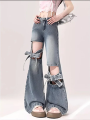 Voguable  High Street Hollow Strap Bow Jeans Women's Spring Summer New High Waist Slimming Spice Girls Denim Wide Leg Horn Pants voguable