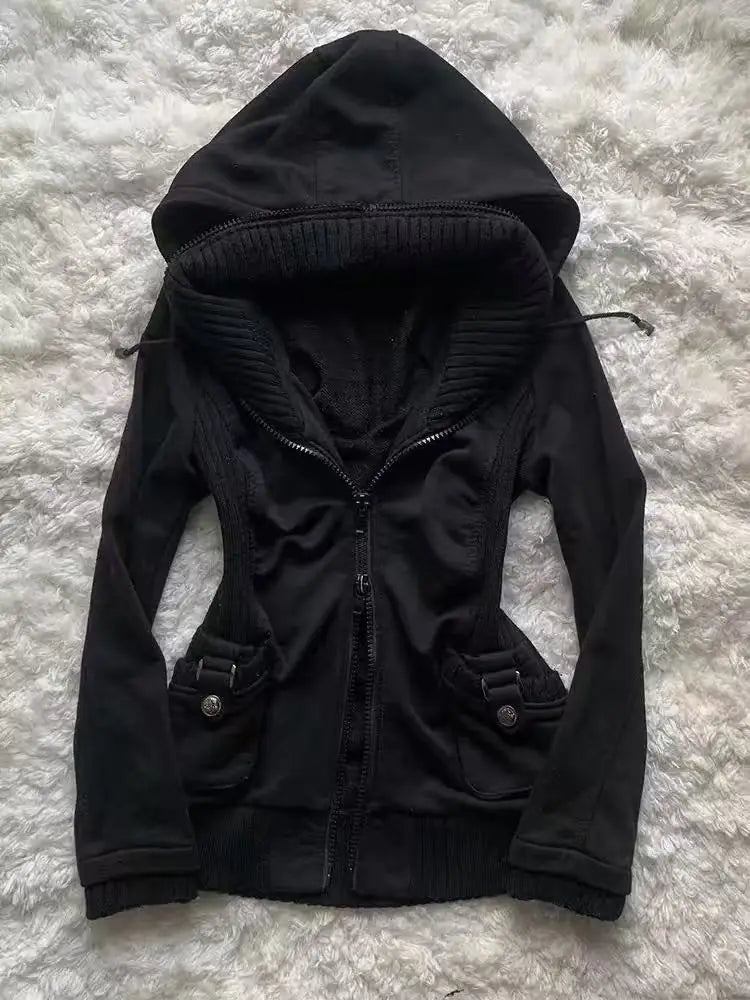 Voguable  Women Y2K Gothic Zip Up Hoodie Red Faux Fur Collar Embroidery Rhinestone Hooded Jacket Grunge Streetwear Casual Sweatshirt voguable