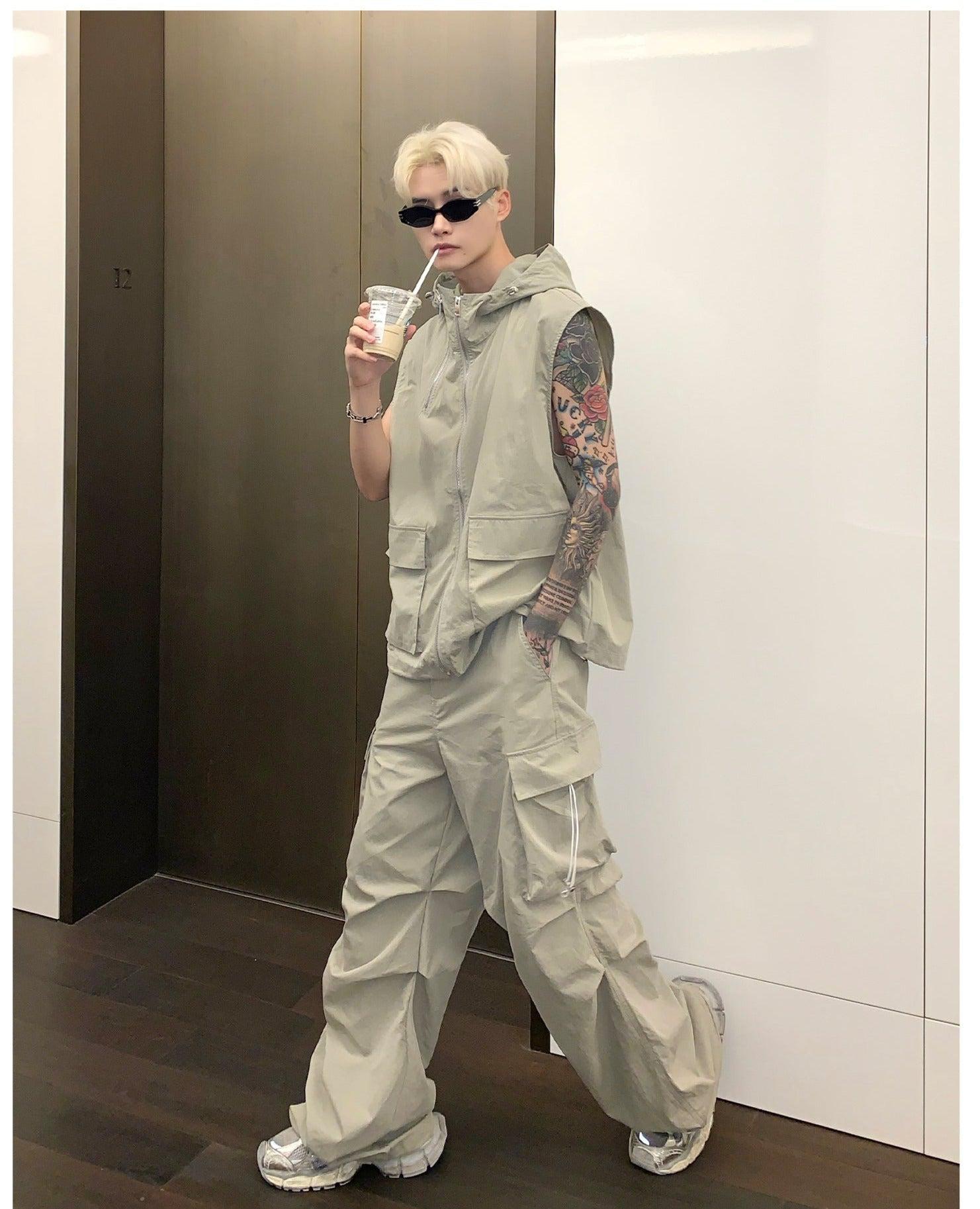 Sleeveless Hooded Nylon Jacket & Cargo Pants mysite