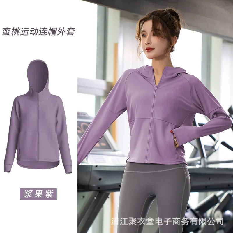 Women Sport Jacket Zipper Yoga Coat Clothes Quick Dry Fitness Jacket Running Hoodies Thumb Hole Sportwear Gym Workout Hooded Top voguable